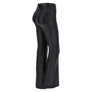 Super flare coated trousers with decorative stitching