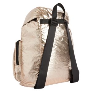 Metallic fabric backpack with external pockets